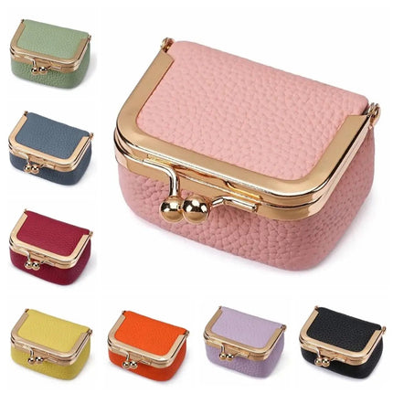 Genuine Leather Kiss Lock Coin Purse Solid Color Multifunctional Leather Jewelry Bag Mini Square Small Item Bag Jewelry Storage PlatiNum