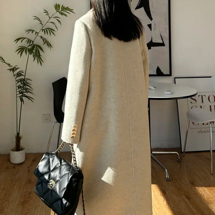 High-end Thick Double-sided Wool Coat Female Fashion Long  Autumn Winter Lapel Double Breasted Wool Coat Women Loose Outerwear