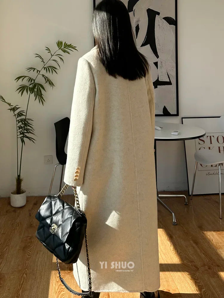 High-end Thick Double-sided Wool Coat Female Fashion Long  Autumn Winter Lapel Double Breasted Wool Coat Women Loose Outerwear