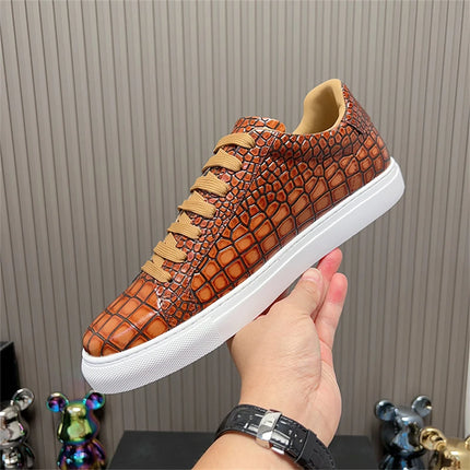 Leather Sneakers Men Calfskin Alligator Pattern Casual Shoes Lace Up Flats Daily Footwear