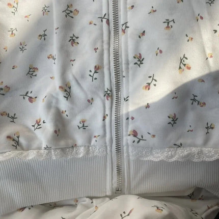 Y2k Hoodies Green Kawaii Cat Floral Print Hooded Zip-up Woman Sweatshirts Pink Thin Jacket Spring Fall Clothes Cute Streetwear