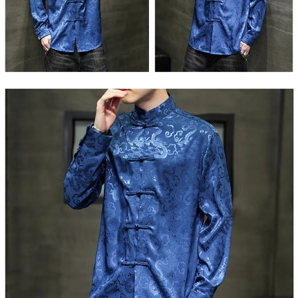 Giacca Tang di alta qualità da uomo camicetta con colletto alla coreana in argento elegante abbigliamento cinese rosso camicie Casual da uomo in raso di seta blu di grandi dimensioni