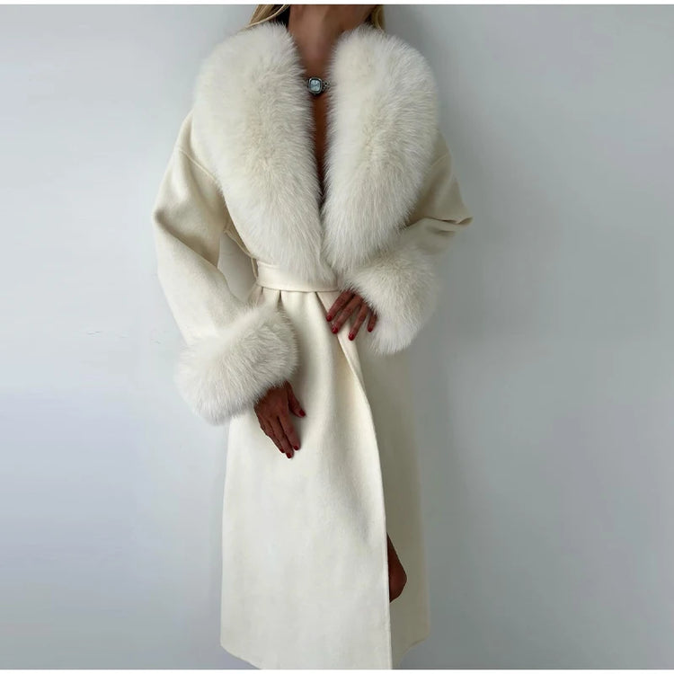 White Fur Patchwork Lace-up Overcoats Women's Street V-neck Full Sleeve Long Woolen Coat 2025 Winter New Ladies Thick Outwear