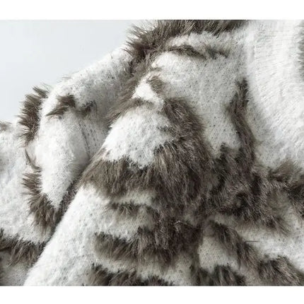 Men Jacquard Furry Sweater Long Sleeve Thick Print Faux Mink Velvet Knit Dyed Pullover O Neck High Street Warm Sweater Jumpers