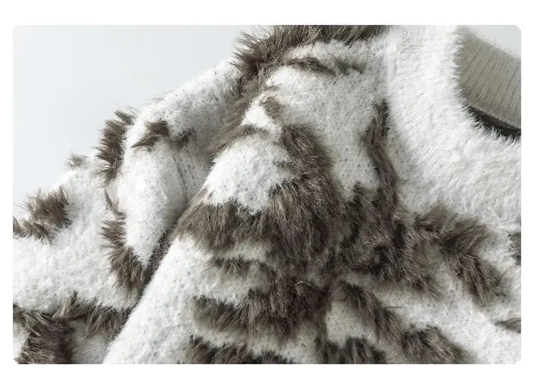 Men Jacquard Furry Sweater Long Sleeve Thick Print Faux Mink Velvet Knit Dyed Pullover O Neck High Street Warm Sweater Jumpers