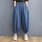 Jeans Vintage tinta unita da donna moda estiva pantaloni larghi in Denim elasticizzato in vita femminile pantaloni Harem alla caviglia stile giapponese