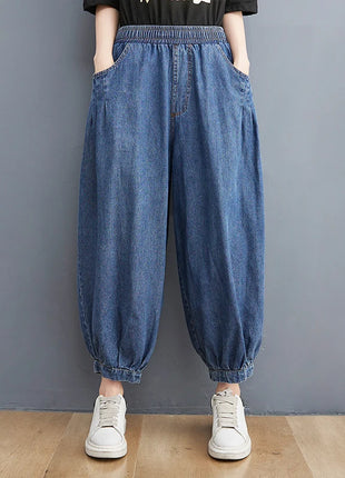 Jeans Vintage tinta unita da donna moda estiva pantaloni larghi in Denim elasticizzato in vita femminile pantaloni Harem alla caviglia stile giapponese