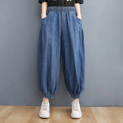Jeans Vintage tinta unita da donna moda estiva pantaloni larghi in Denim elasticizzato in vita femminile pantaloni Harem alla caviglia stile giapponese