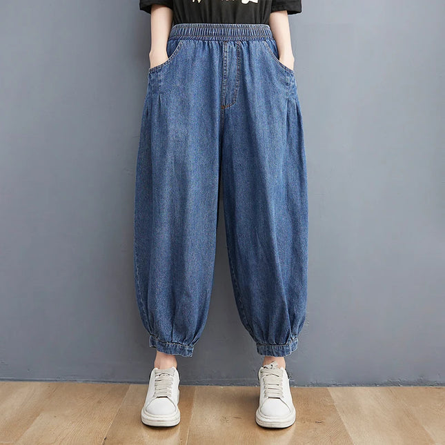 Jeans Vintage tinta unita da donna moda estiva pantaloni larghi in Denim elasticizzato in vita femminile pantaloni Harem alla caviglia stile giapponese