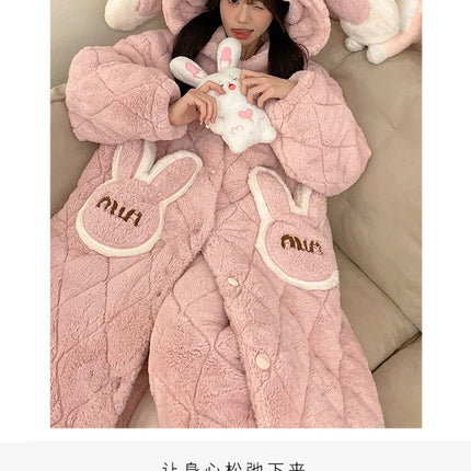 Women Winter Thickened Fleece Bathrobe Can Be Worn Outside Girls Student Hoodie Loose Pajama Two-piece Set Lady Warm Loungewear