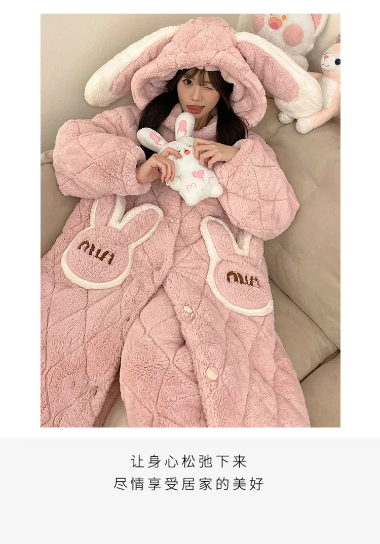 Women Winter Thickened Fleece Bathrobe Can Be Worn Outside Girls Student Hoodie Loose Pajama Two-piece Set Lady Warm Loungewear