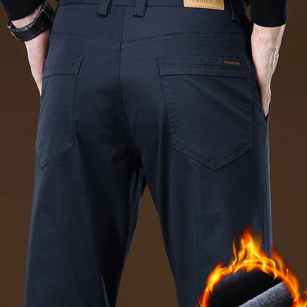 Winter Fleece Men's Casual Pants Business Straight Thick Warmth Fashion Velvet Trousers Classic Solid Color Slim Plush Pants