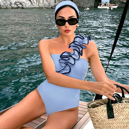 2025 Nuova donna sexy monospalla con volant a righe stampa costume intero e gonna monokini costume da bagno da spiaggia body femminile platinumshop