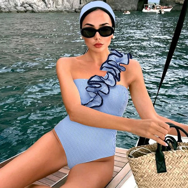 2025 Nuova donna sexy monospalla con volant a righe stampa costume intero e gonna monokini costume da bagno da spiaggia body femminile platinumshop