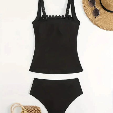 Vigorashely 2026 Set Tankini Vintage Solido da Donna con Spalline a Volant, Costume da Bagno Due Pezzi Senza Schienale a Vita Alta platinumshop