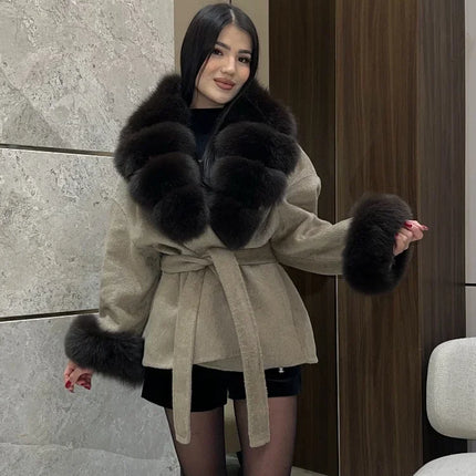 Lady Faux Fur Collar Cuffs Patchwork Short Overcoat  Belted Lace Up Loose Warm Jacket New Winter Daily Street Women's Outerwear