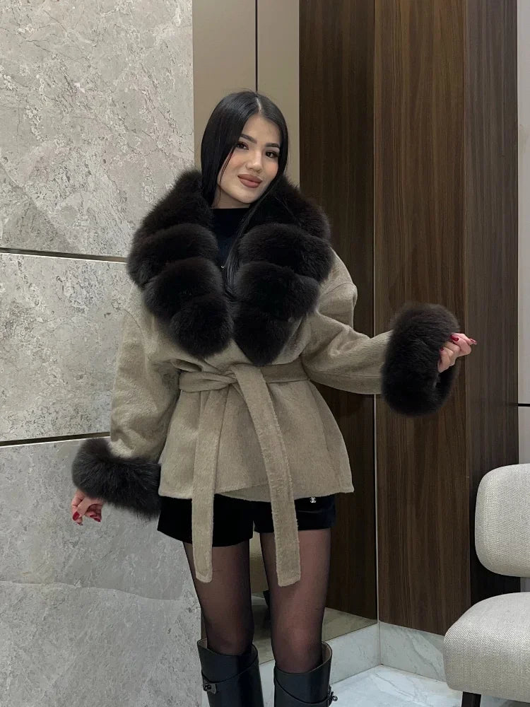 Lady Faux Fur Collar Cuffs Patchwork Short Overcoat  Belted Lace Up Loose Warm Jacket New Winter Daily Street Women's Outerwear