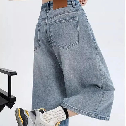 Women's Vintage Wide Leg Denim Capri Pants Shorts Summer New Plus Size Tummy Control Loose Straight Leg Casual Streetwear PlatiNum