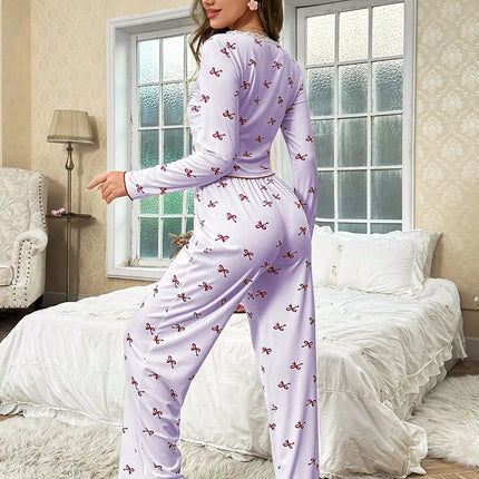 Primavera e autunno nuovi indumenti da notte da donna con fiocco a farfalla a maniche lunghe set stampato elastico da donna casual comodi vestiti per la casa