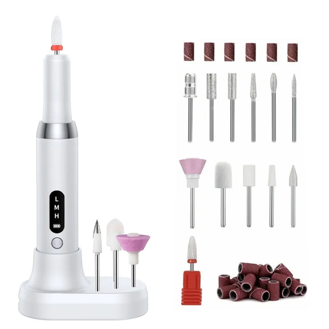 Portable Professional Electric Manicure Nail Drill Polisher Pen, Equipped with Multi-functional Grinding Drill Bits, Efficient Tool for Nail Surface Sanding, Dead Skin Cuticle Removal and DIY Nail Art Creation