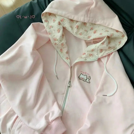 Thin Cat Pattern Floral Long Sleeve Zippered Hoodie Women's Spring and Summer Japanese Style Cute Open Cardigan Loose Top