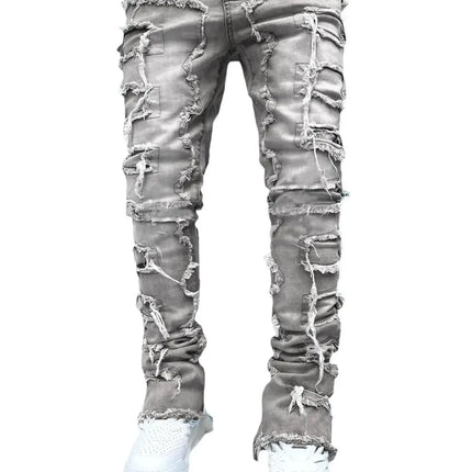 Men's Regular Fit Stacked Jeans Ripped Slim Fit Patch Distressed Destroyed Straight Denim Pants Hip Hop Streetwear Trouser Cloth PlatiNum