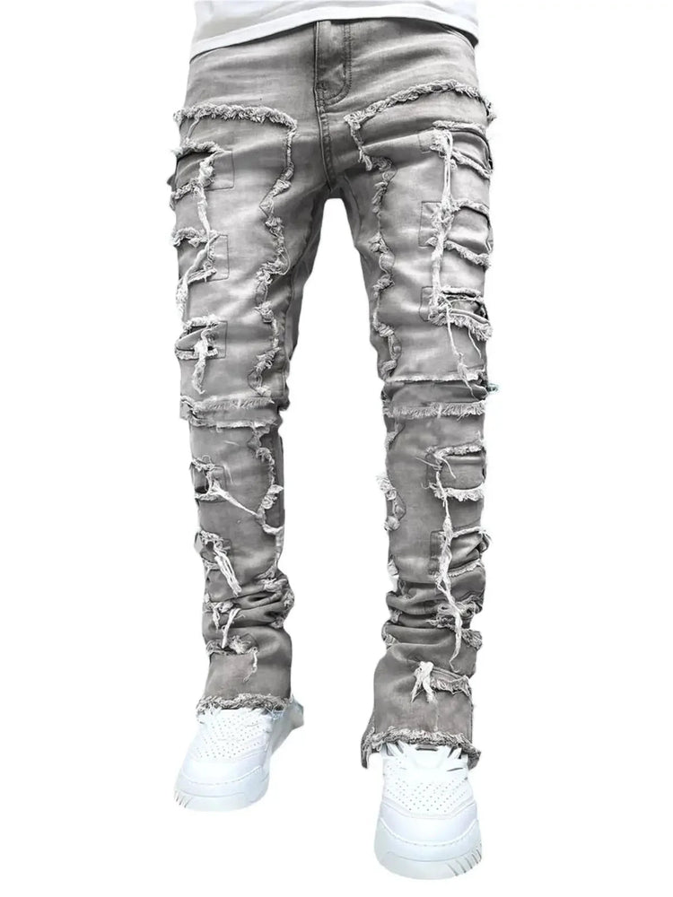 Men's Regular Fit Stacked Jeans Ripped Slim Fit Patch Distressed Destroyed Straight Denim Pants Hip Hop Streetwear Trouser Cloth PlatiNum