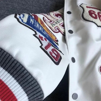 Men's Spring Autumn baseball uniform Retro Trend Men Leather Jacket heavy industry Embroidery white short Coat ins hot sale