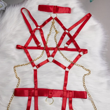Fashion Sexy Seductive Chain Lingerie Four Piece Set Women's Solid Exotic Apparel Suit Female Stain Pure Desire Style Underwear
