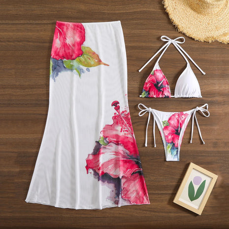 Costume da bagno 3 pezzi con stampa floreale grande con gonna lunga in rete Costume da bagno bikini micro perizoma da donna 2025 Costume da bagno estivo da spiaggia Biquini PlatiNum