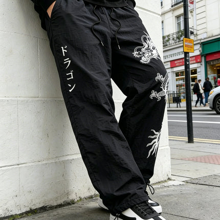 Pantaloni Larghi in Nylon con Stampa Drago per Uomo, Primavera-Estate, Joggers Streetwear per Palestra e Uso Quotidiano, Nero e Blu