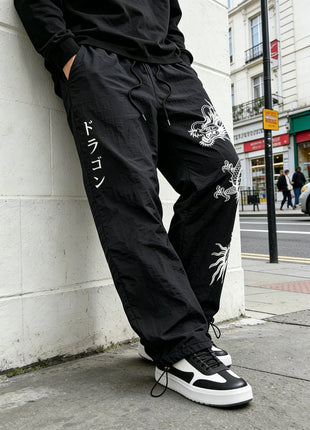 Pantaloni Larghi in Nylon con Stampa Drago per Uomo, Primavera-Estate, Joggers Streetwear per Palestra e Uso Quotidiano, Nero e Blu