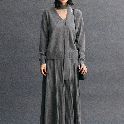 TLOML Luxury Women's 100% Cashmere Skirt Pleated Mid-Calf Skirt Autumn Winter Office Lady Grace Style Skirt Cashmere Knitwear PlatiNum