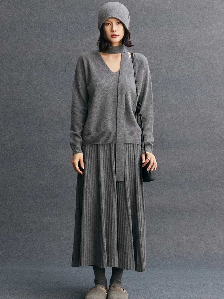 TLOML Luxury Women's 100% Cashmere Skirt Pleated Mid-Calf Skirt Autumn Winter Office Lady Grace Style Skirt Cashmere Knitwear PlatiNum