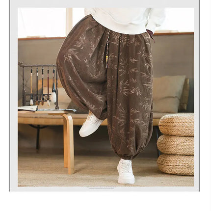 Pantaloni di alta qualità per uomo stile cinese fiore scuro velluto a coste Bloomers casual elastico in vita moda pantaloni larghi a gamba larga maschile