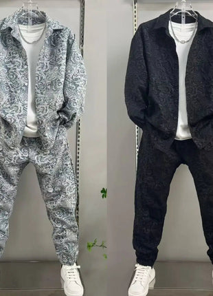 New Spring and Autumn Men's Casual Suit Lapel Jacquard Shirt Trousers Two-piece Set Comfortable Loose PlatiNum