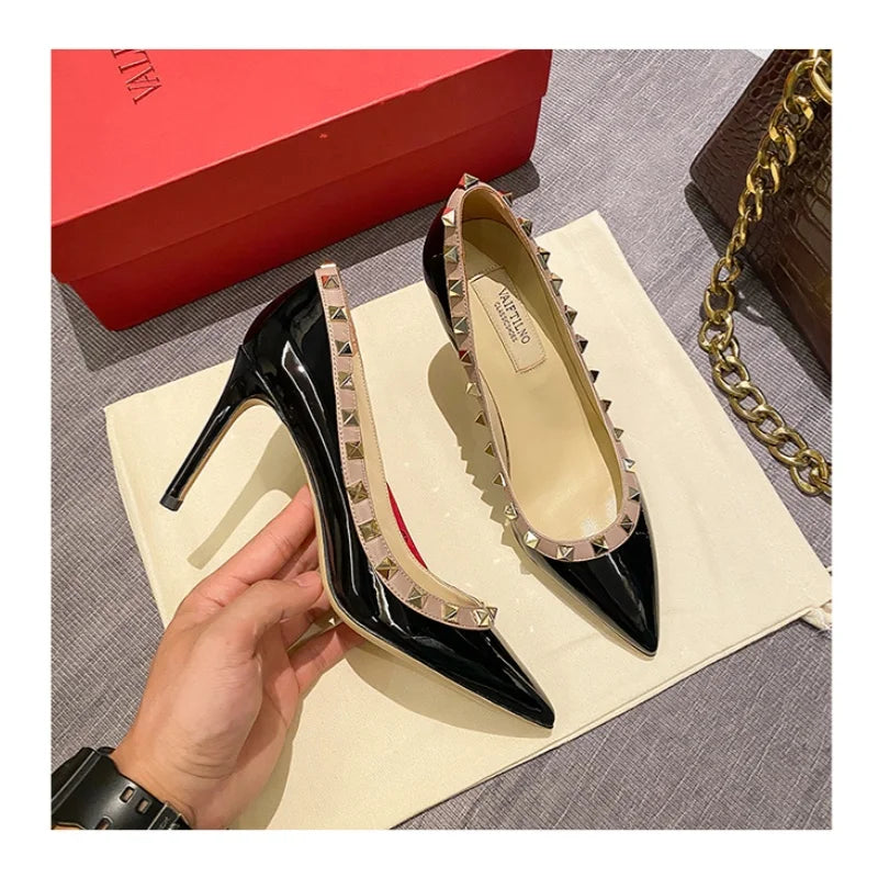 Women's High Heels Black Genuine Leather Rivet Pointed toe pumps luxury designer high quality Shoes Elegant woman heeled shoes