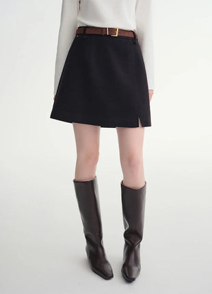 DUSHU Classic Long and Short Elastic Waist A-line Skirt 2025 Winter Skirt for Women Solid Simple Commuting Office Ladies College PlatiNum