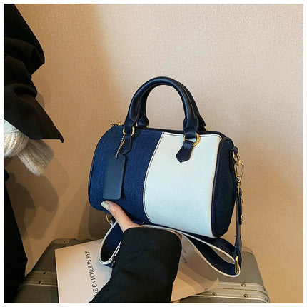 Patchwork Colorblock Mini Handbags For Women Denim Shoulder Cross Body Bags Casual Street Small Boston Bag 2025 Designer Purses PlatiNum