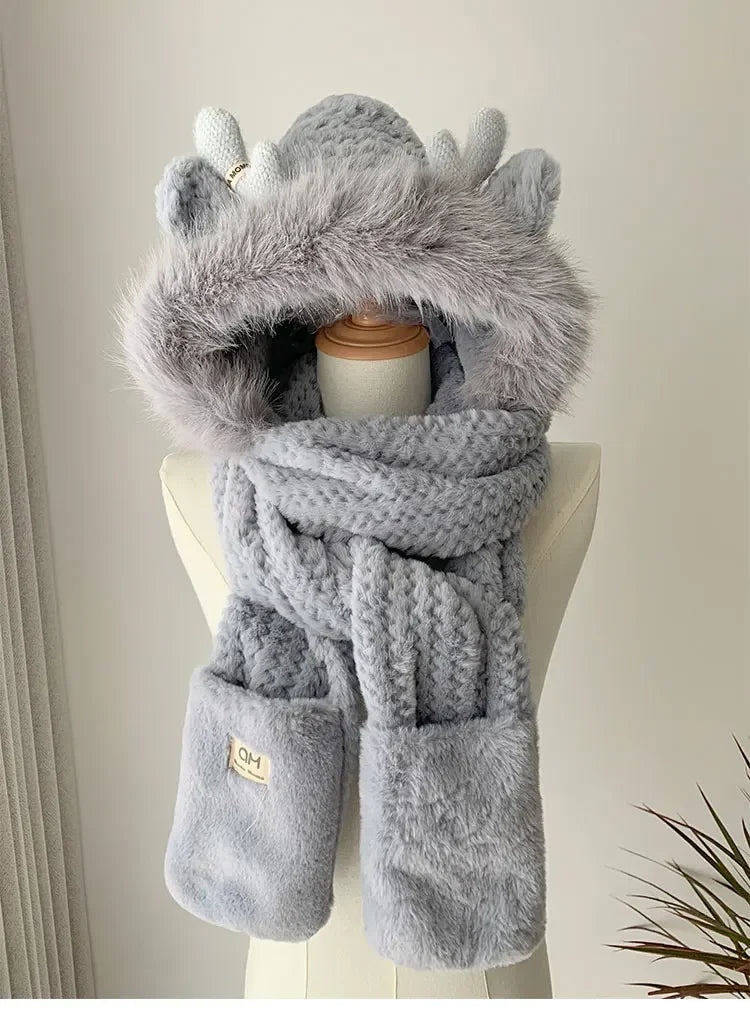 Fashion Elk Antlers Plush Hat Scarf Gloves Women's Winter Ear Protector Thickened Lei Feng Hat Cycling Ski Cap Wind Proof