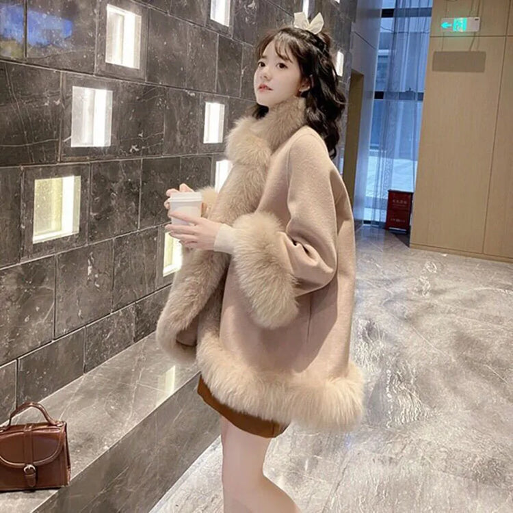 ZADORIN Elegant White Woolen Cape Faux Fur Coat Woman Fur Trim Loose Plush Fur Jacket Woman 2025 Winter Fur Faux Coat Outerwears