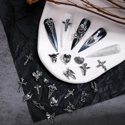 20pcs Style Mix Halloween Nail Art Charm Silver Cross Retro 3D Nail Decoration for Manicure DIY Design Metal Accessories Parts
