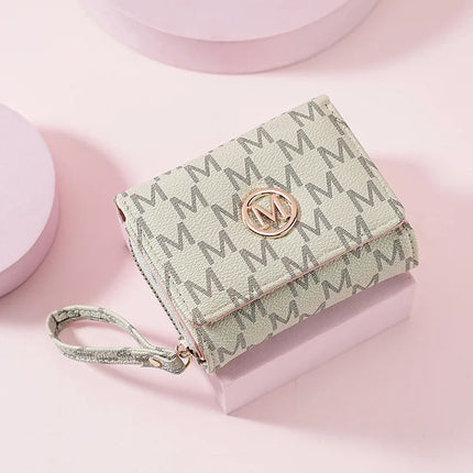 Fashionable Letter Printed Tri-Fold Compact Ladies Wallet Retro Style Card Holder PU Leather Synthetic Interior Daily Use PlatiNum