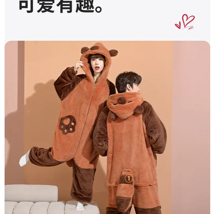 Family Matching Hooded Jumpsuit Cartoon Cypabara Onesie Winter Warm Sleepwear Boys Girls Pajamas Christmas Cartoon Home Clothes