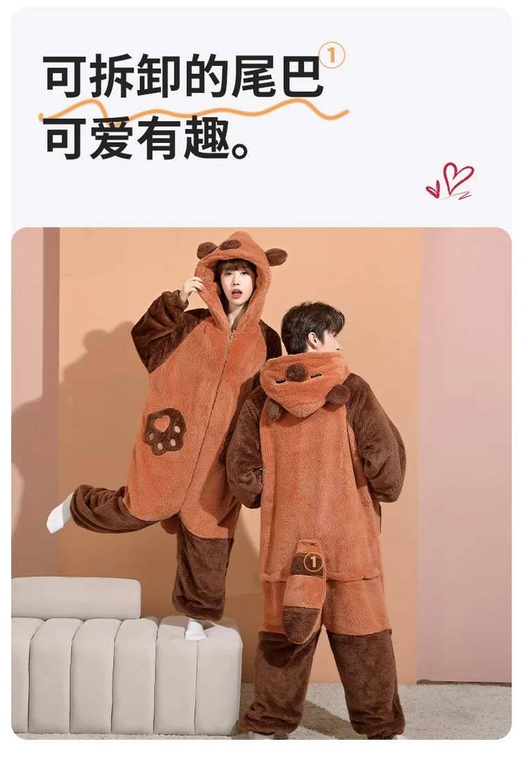 Family Matching Hooded Jumpsuit Cartoon Cypabara Onesie Winter Warm Sleepwear Boys Girls Pajamas Christmas Cartoon Home Clothes