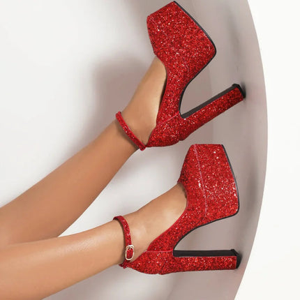 Ochanmeb Bling Bling Silver Gold Glitter Shoes Woman Ultra High Heels Platform Buckle Sequin Red Pumps Ladies Party Prom Wedding PlatiNum