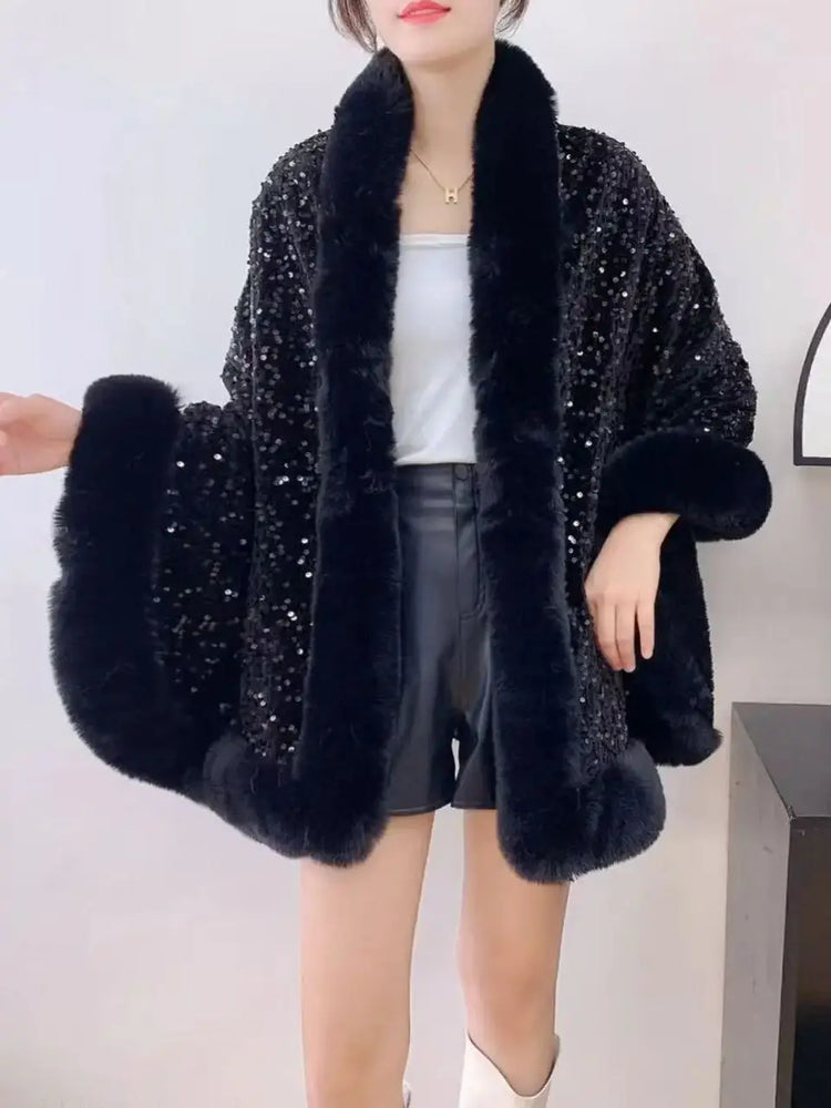 ZADORIN Fashion Sequins Long Furry Warm Faux Fur Coat Woman Autumn Winter Fur Cape Ponch Wedding Party Fur Shawl Cloak Cardigans