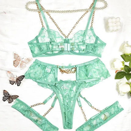 Sexy Clothes Women Lingerie Hot Fashion Chain Embroidery Sexy Perspective Hollow 3-point Lingerie Hot Lingerie Women