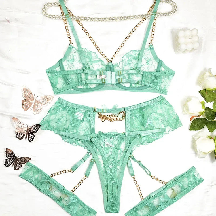 Sexy Clothes Women Lingerie Hot Fashion Chain Embroidery Sexy Perspective Hollow 3-point Lingerie Hot Lingerie Women