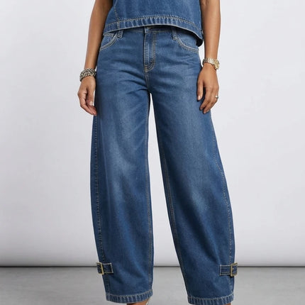 Jeans a Vita Alta e Gamba Larga da Donna, Estate 2026, Stile Retrò Streetwear, Pantaloni in Denim con Fibbie, Casual per il Quotidiano